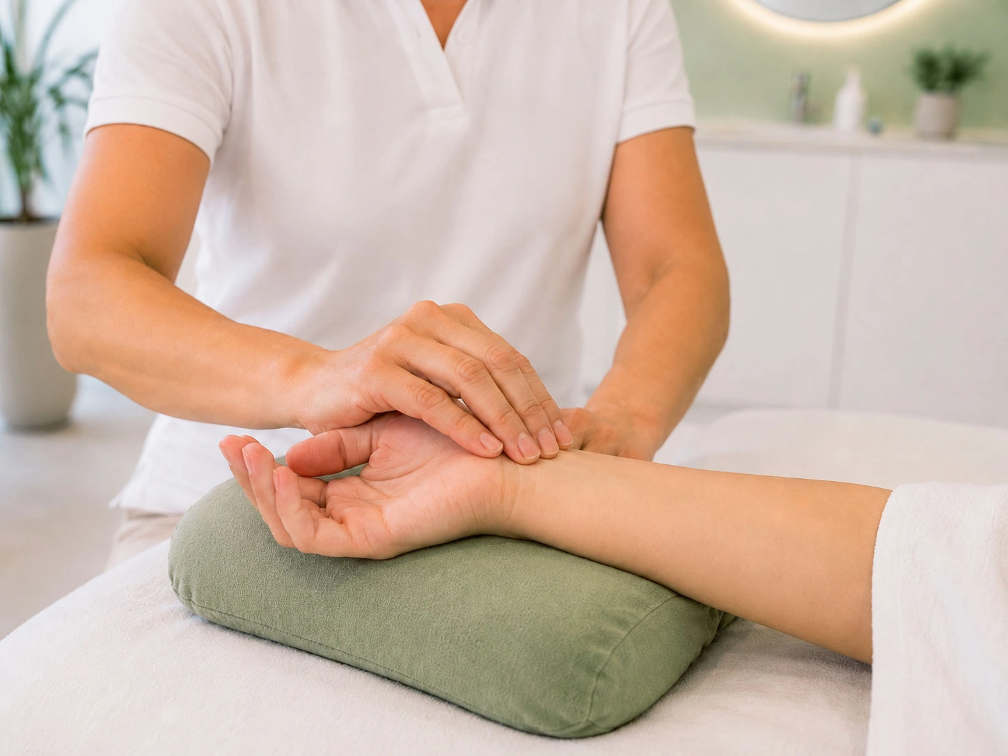 Pulsdiagnostik am Handgelenk während des TCM-Checkups im Akupunktur Zentrum Olten